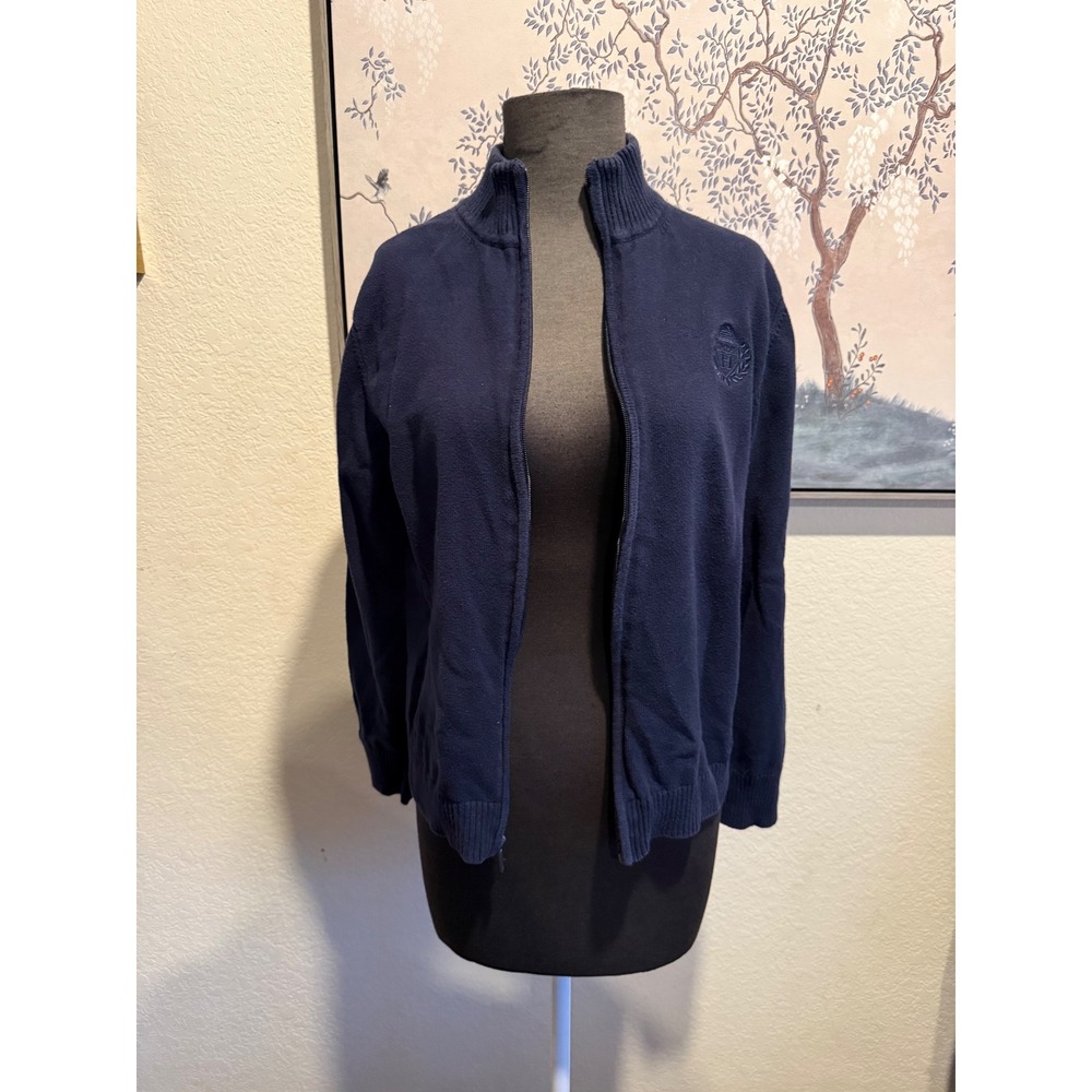 Tommy Hilfiger Womens XL Navy Blue Full Zip Cotton Cardigan Sweater Crest Logo